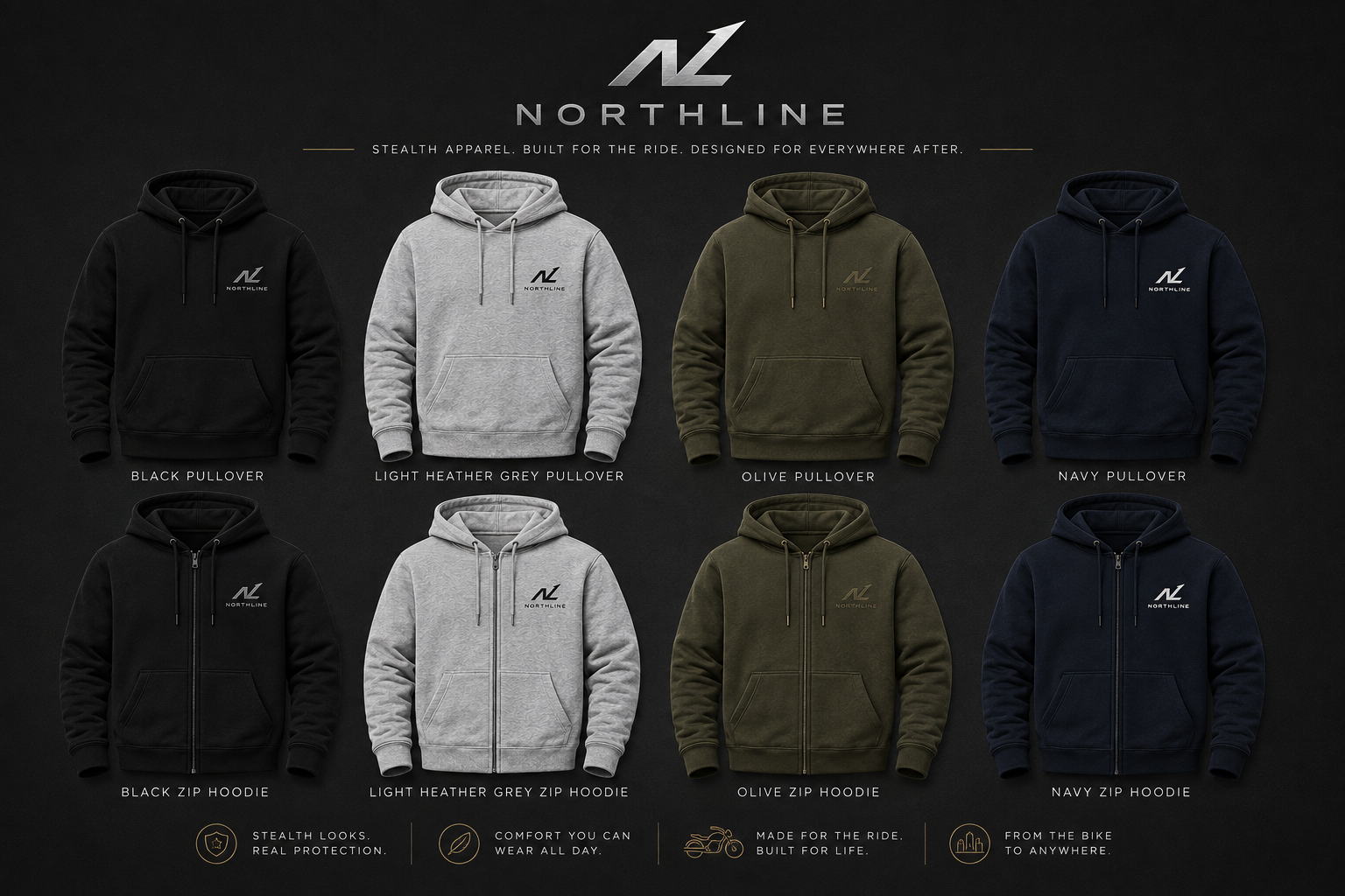 Northline Core protective motorcycle hoodie lineup in black, grey, olive and navy